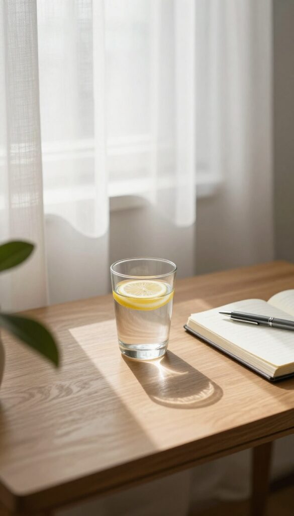 A glass of water and a journal on a bedside table in soft morning light, representing a simple morning ritual.