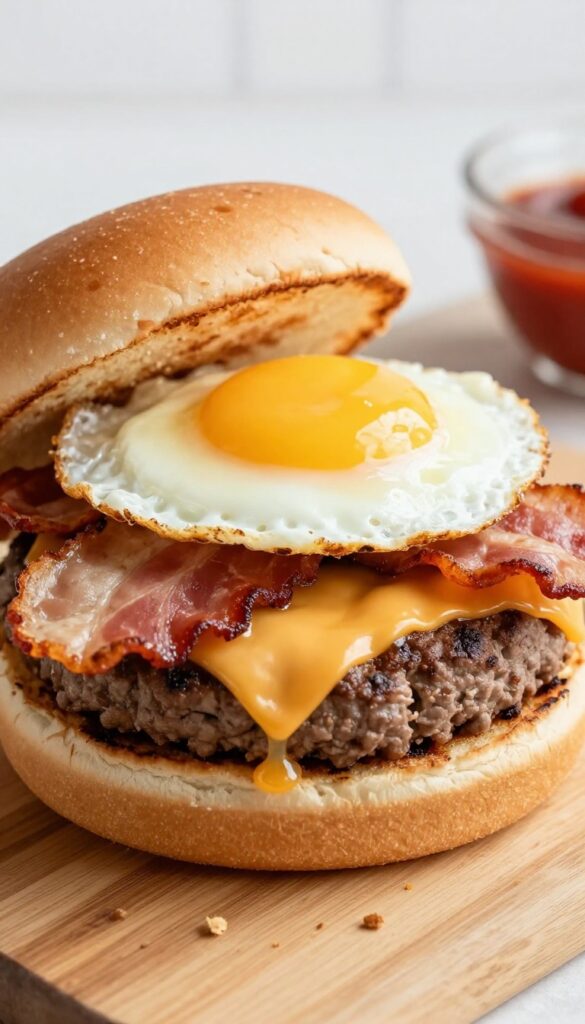 Classic Bacon and Egg Breakfast Burger with melted cheddar and runny yolk on a toasted brioche bun