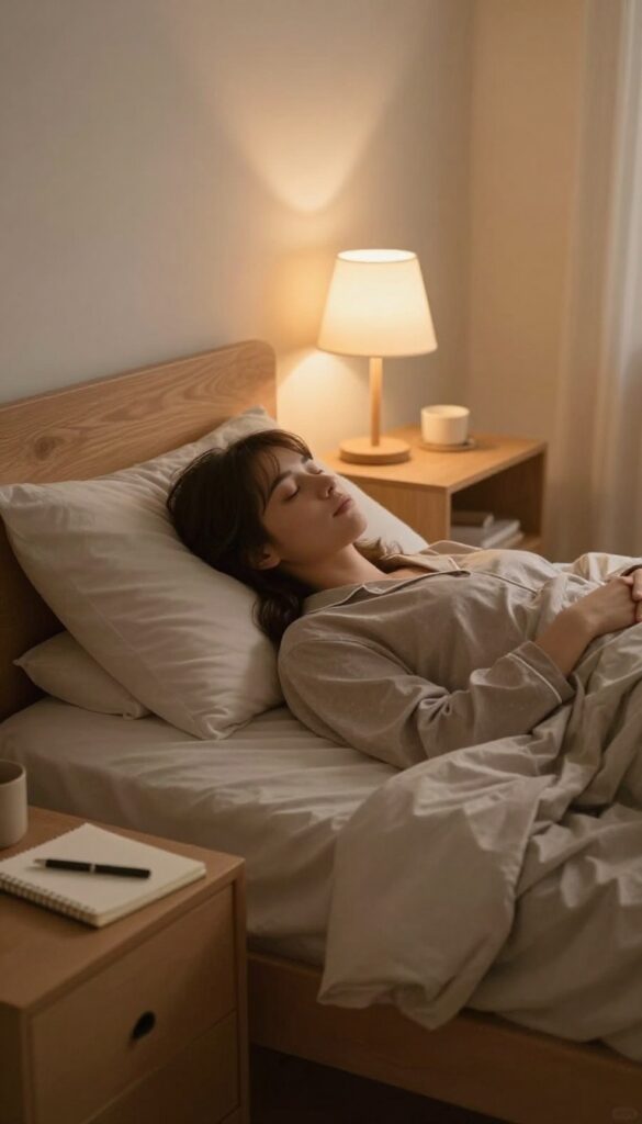 A person sleeping peacefully in a cozy bedroom with a notebook on the nightstand