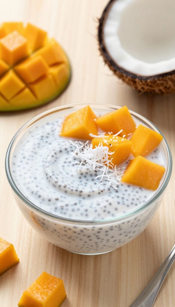 Mango coconut chia pudding in a bowl with diced mango and shredded coconut on top