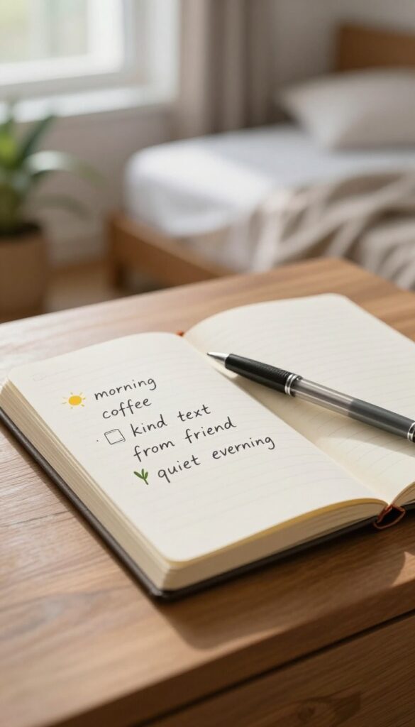 Open notebook with gratitude list on nightstand, cozy bedroom setting
