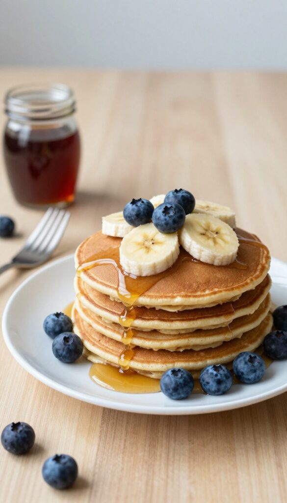 Stack of banana oat pancakes with maple syrup and fresh berries on a plate