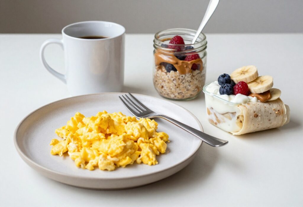 Dorm breakfast spread with mug eggs, overnight oats, peanut butter banana wrap, and yogurt parfait on a desk