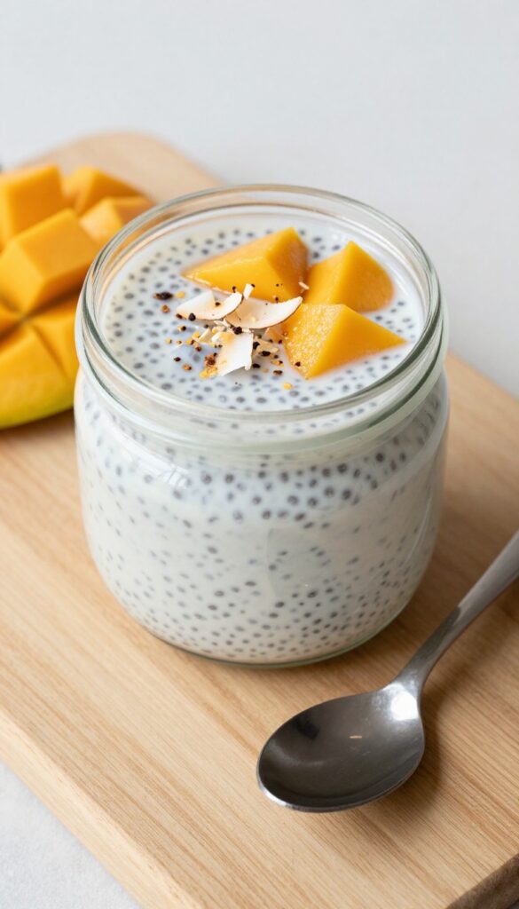 Coconut chia pudding in a jar with mango and toasted coconut topping