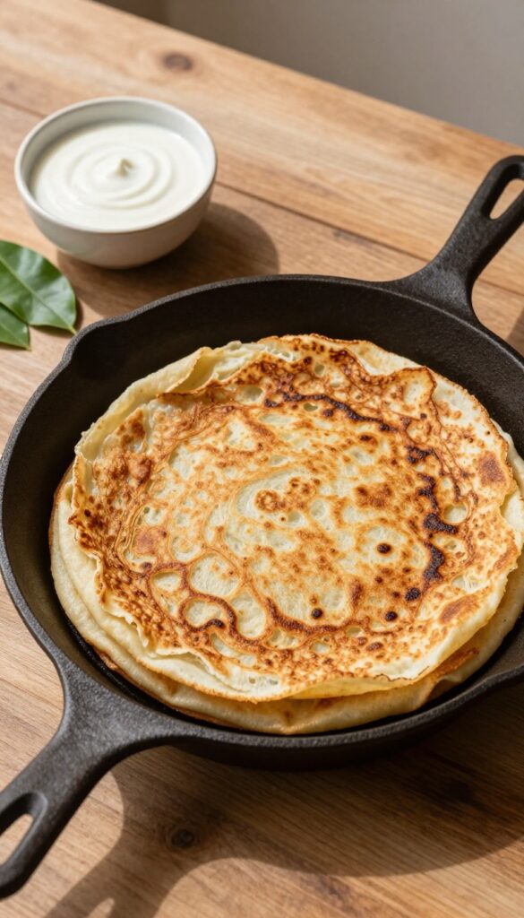 Golden-brown ragi dosa in a cast iron skillet with a bowl of coconut chutney on a wooden countertop