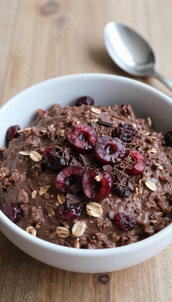 Bowl of overnight chocolate cherry oatmeal with fresh cherries and chocolate shavings on a wooden table