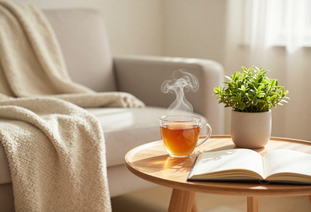 Cozy self-care Sunday setup with tea, journal, and plant