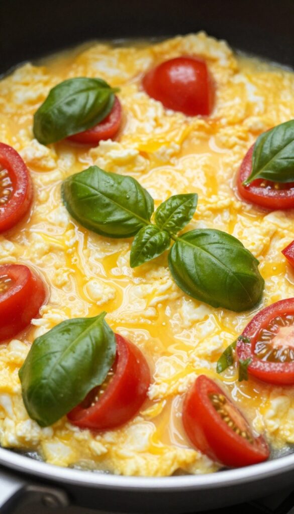 Tomato and basil scrambled eggs in a skillet