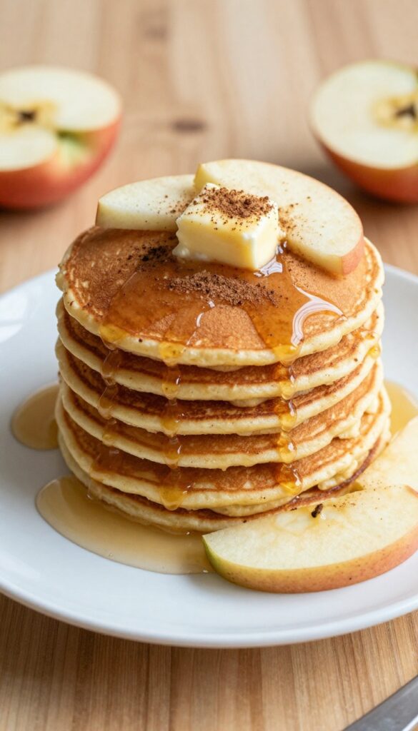 Stack of apple cinnamon hash brown pancakes with maple syrup and apple slices