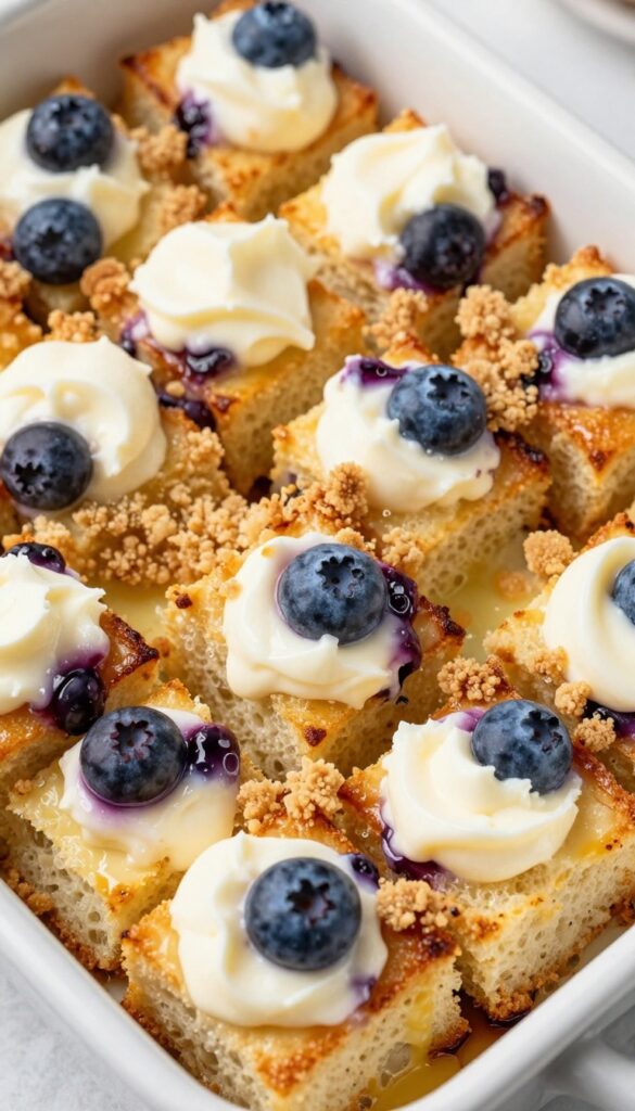 Blueberry cream cheese French toast casserole in a slow cooker