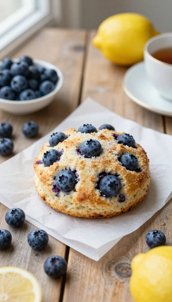 Golden brown blueberry lemon scone on parchment paper with fresh blueberries and lemon halves nearby.
