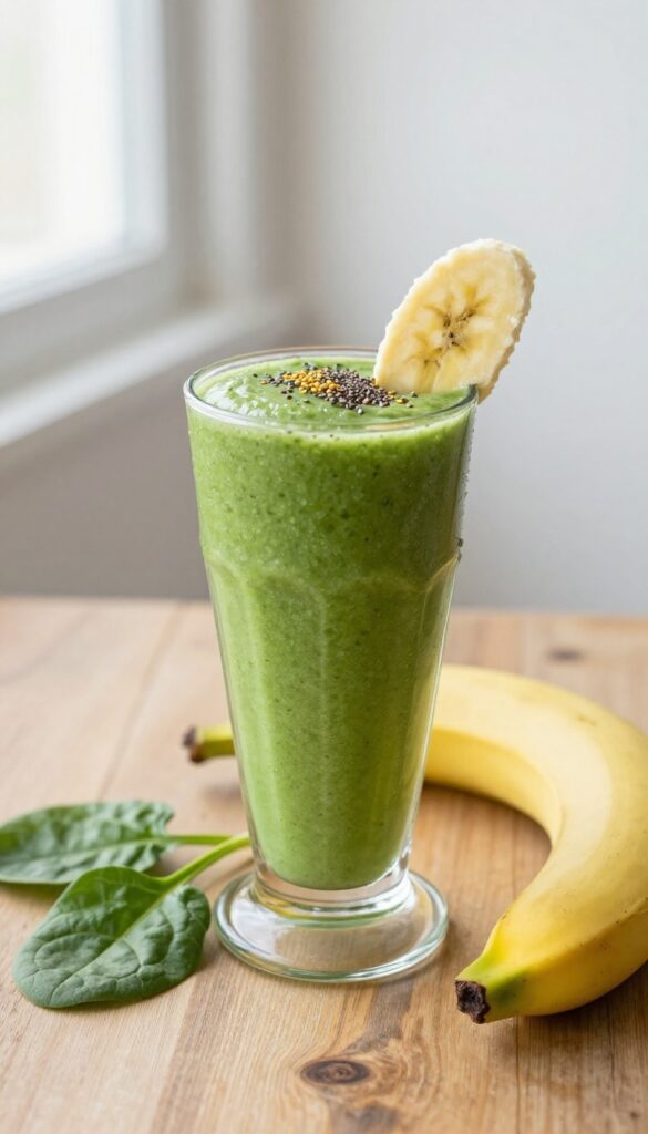 Green smoothie in a glass with banana and chia seeds garnish on a wooden table