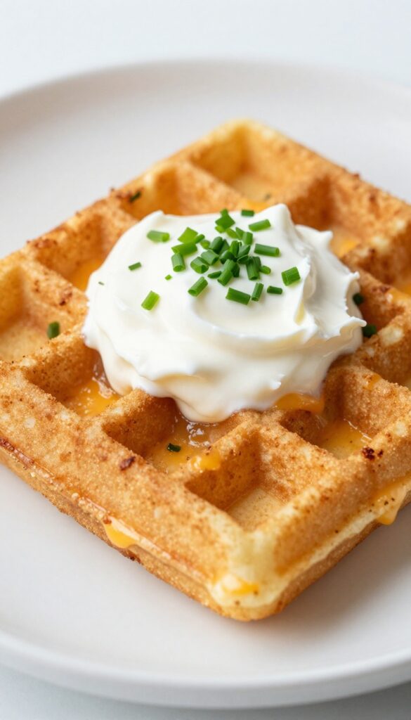 Cheesy hash brown waffle topped with sour cream and chives on a white plate
