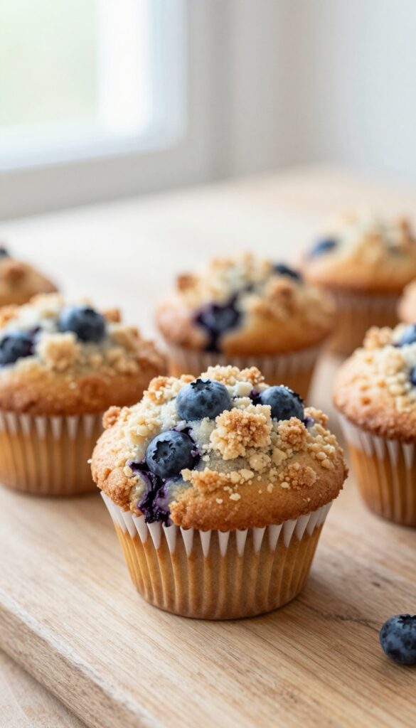 Freshly baked blueberry muffin with crumb topping on a wooden table