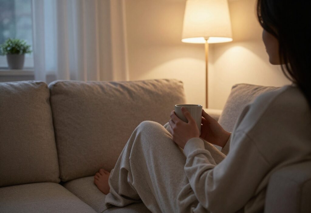 Person relaxing on a sofa with a warm drink after work