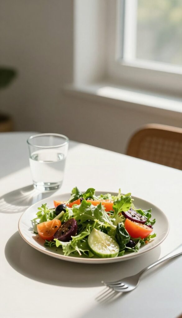 A peaceful dining scene with a plate of colorful food on a clear table by a sunlit window, no distractions, promoting mindful eating.