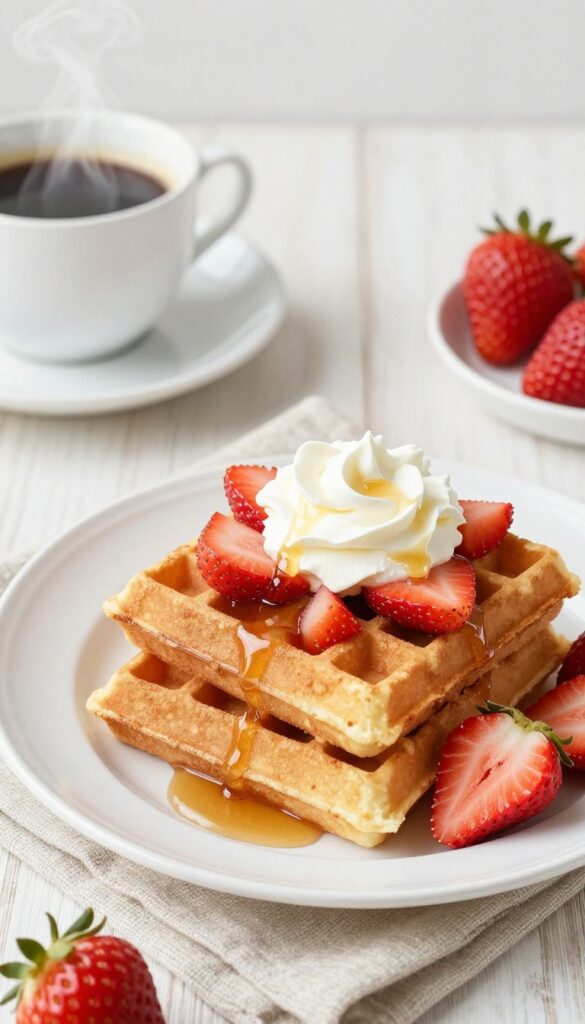 Stack of homemade strawberry waffles topped with whipped cream, maple syrup, and fresh strawberry slices on a wooden table in natural light.