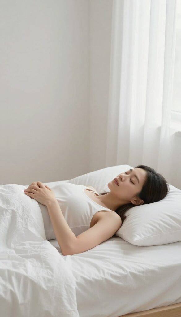 Woman practicing progressive muscle relaxation on bed in calm bedroom