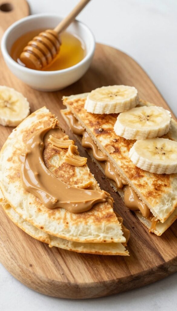 Peanut butter banana quesadilla wedges on a wooden board with a side of honey for dipping.