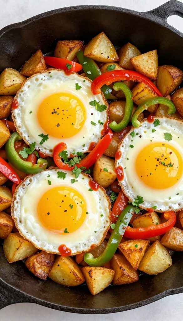 Spicy egg and potato skillet with crispy potatoes, bell peppers, fried eggs, and hot sauce in a cast iron pan.