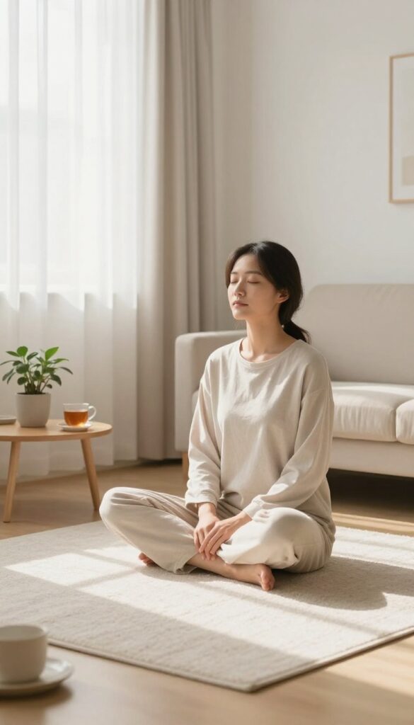 Person doing a one-minute breathing exercise in a peaceful home setting