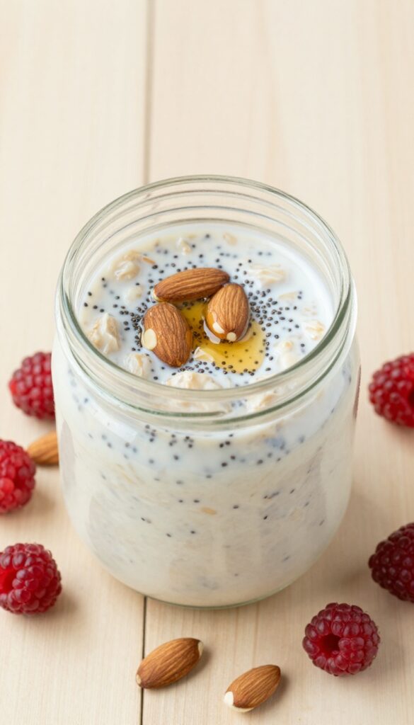 Creamy overnight oats with chia seeds and almond milk, topped with almonds and honey, in a glass jar on a wooden table.