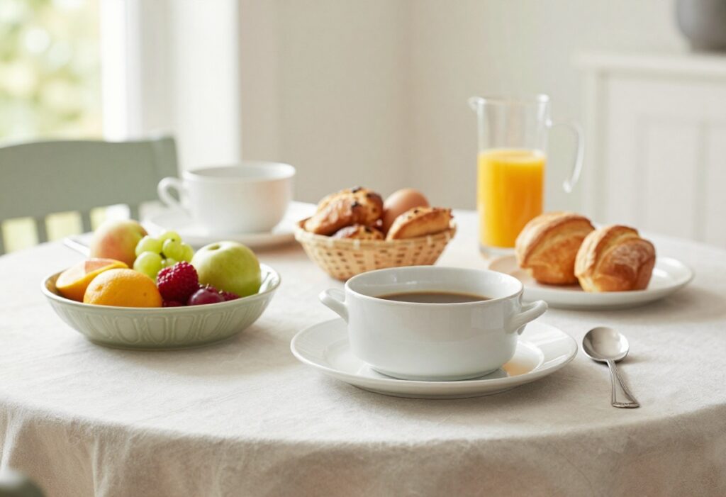 Rustic wedding breakfast table with family-style dishes including casserole, fruit salad, pastries, and orange juice.