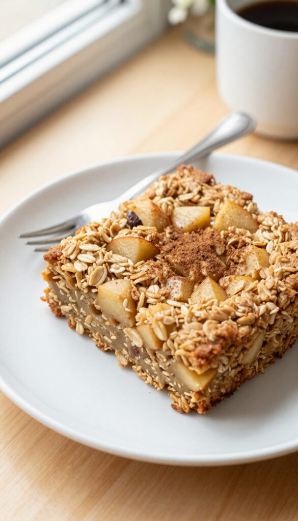 A slice of apple cinnamon baked oatmeal on a plate, with a fork, in natural morning light.