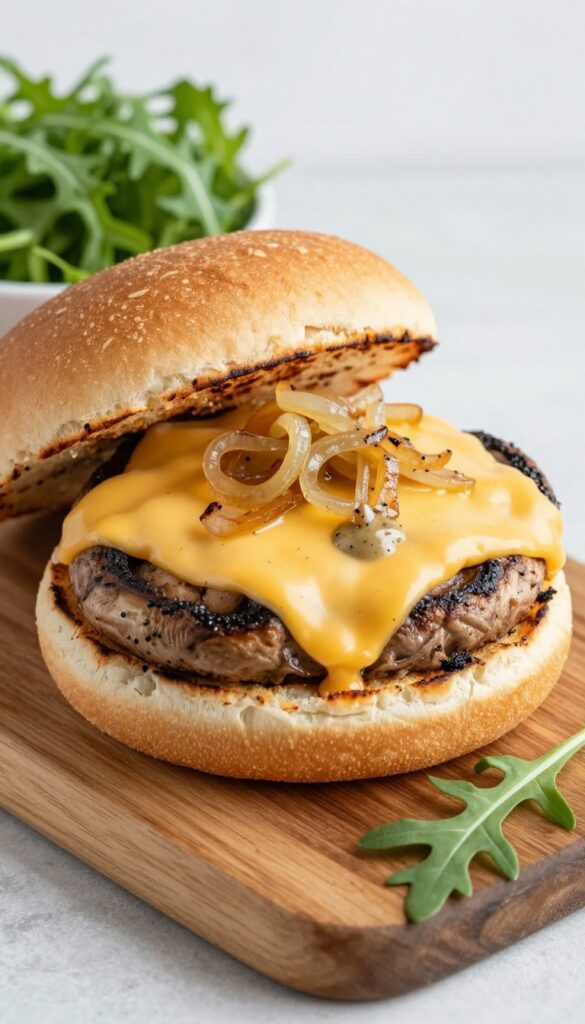 Portobello mushroom Swiss cheese burger with caramelized onions and truffle aioli on ciabatta roll