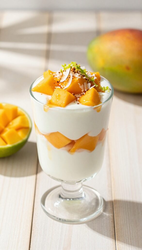 Tropical mango coconut yogurt parfait in a glass with layers of yogurt, mango, and coconut, garnished with lime zest and honey drizzle.