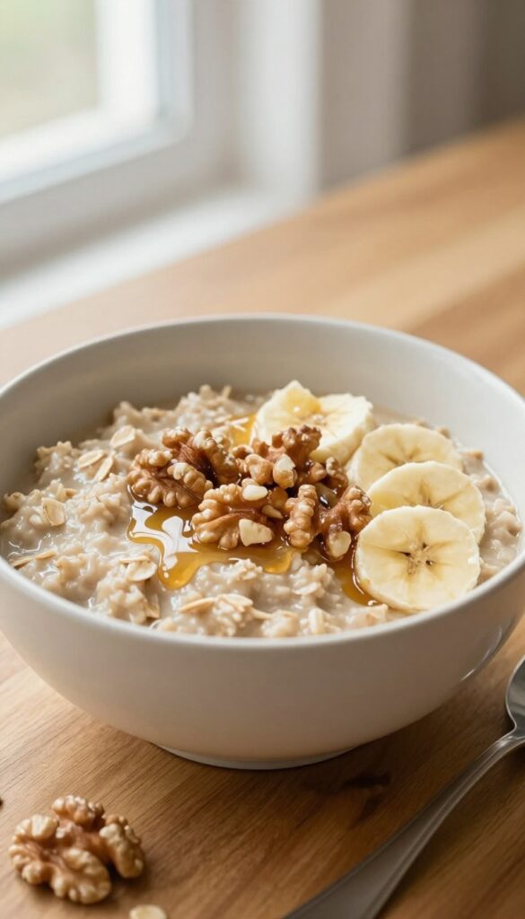 A bowl of creamy oatmeal with mashed banana, walnuts, and maple syrup on a wooden table in natural light.