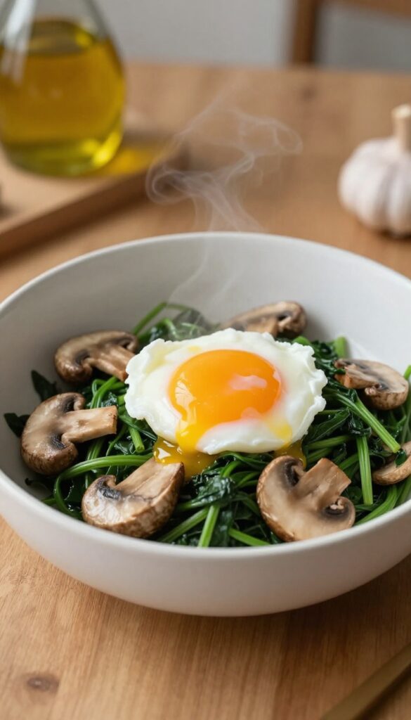 Poached egg on garlicky spinach and mushrooms in a white bowl