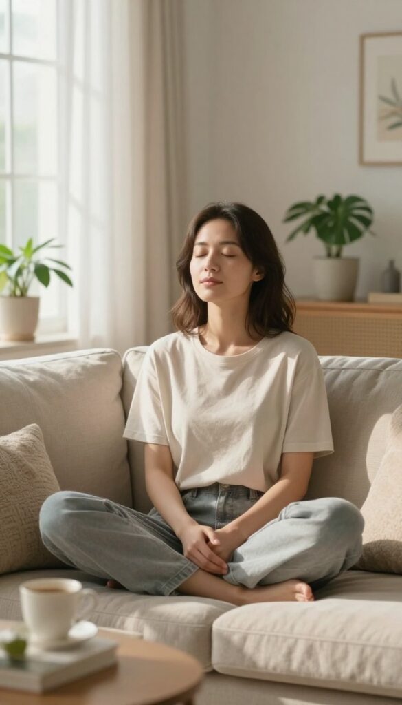 Woman practicing deep breathing on a sofa in a bright, calm living room