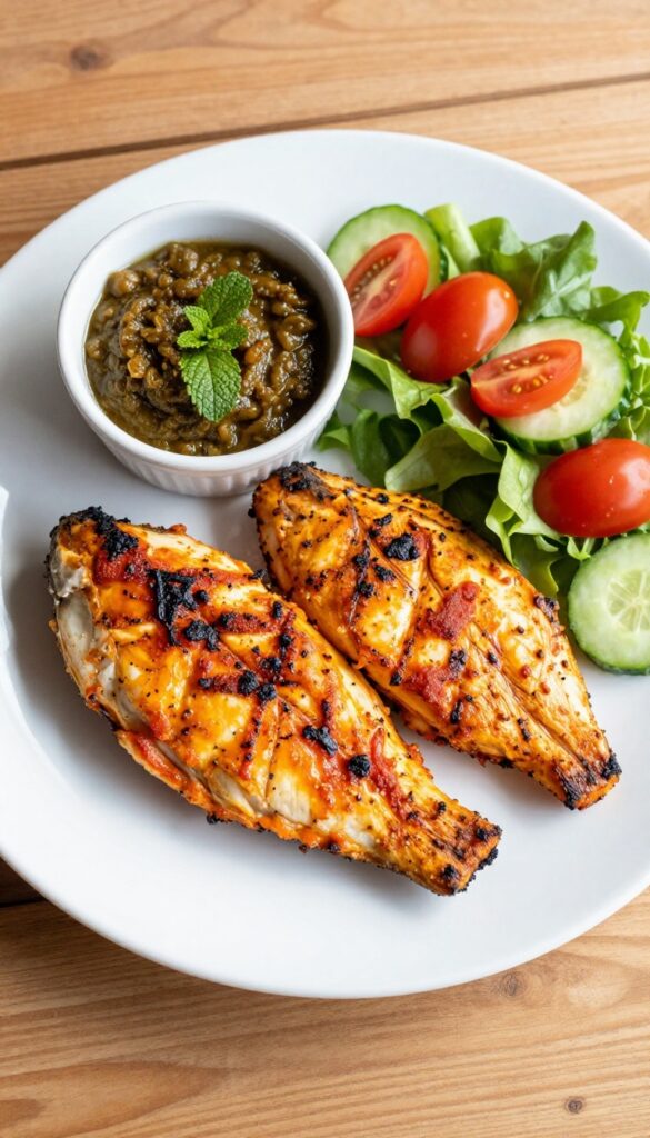 Grilled tandoori fish fillet with mint chutney and salad on a plate