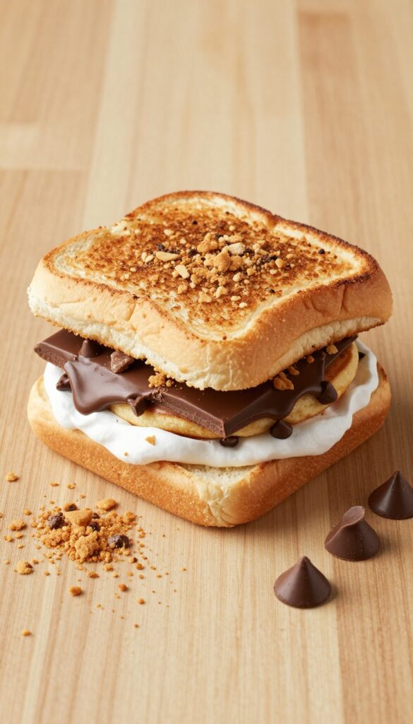 S'mores Dessert Burger with chocolate chip pancake, marshmallow fluff, and graham cracker crumbs on toasted brioche bun
