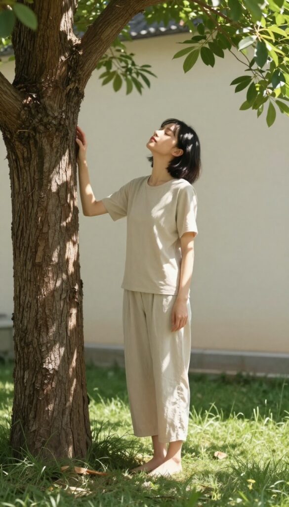 Person standing barefoot on grass touching a tree trunk in sunlight, eyes closed, peaceful nature connection
