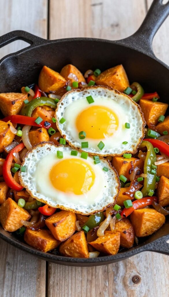 Loaded sweet potato hash with fried eggs in a cast iron skillet