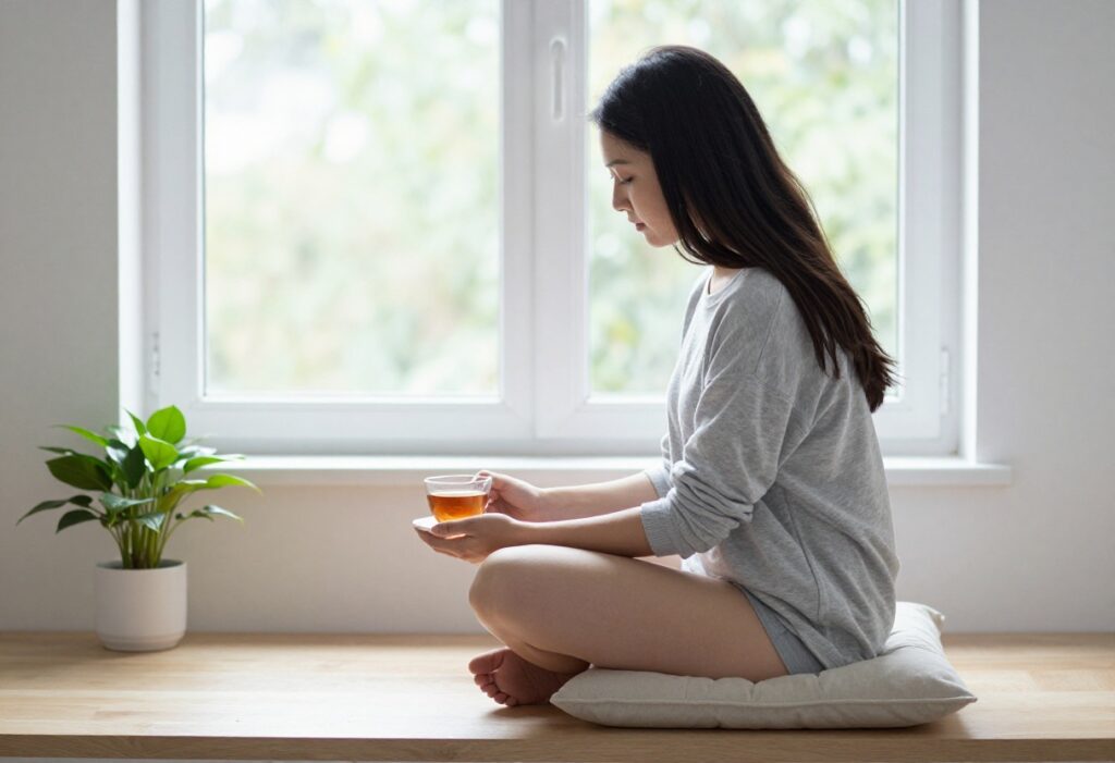 Person meditating by a window with tea and plant, calm morning light
