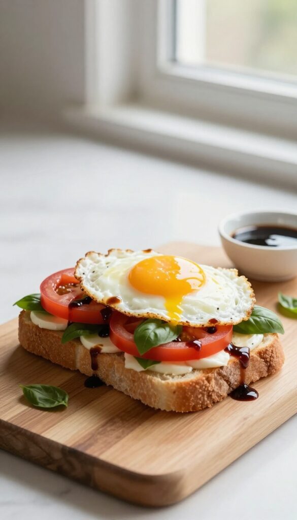 Caprese breakfast sandwich on ciabatta with mozzarella, tomato, basil, and a fried egg, drizzled with balsamic glaze.