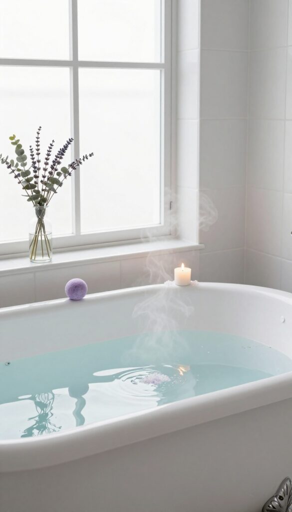 Candlelit bathtub with steam, Epsom salts, and eucalyptus in a bright bathroom
