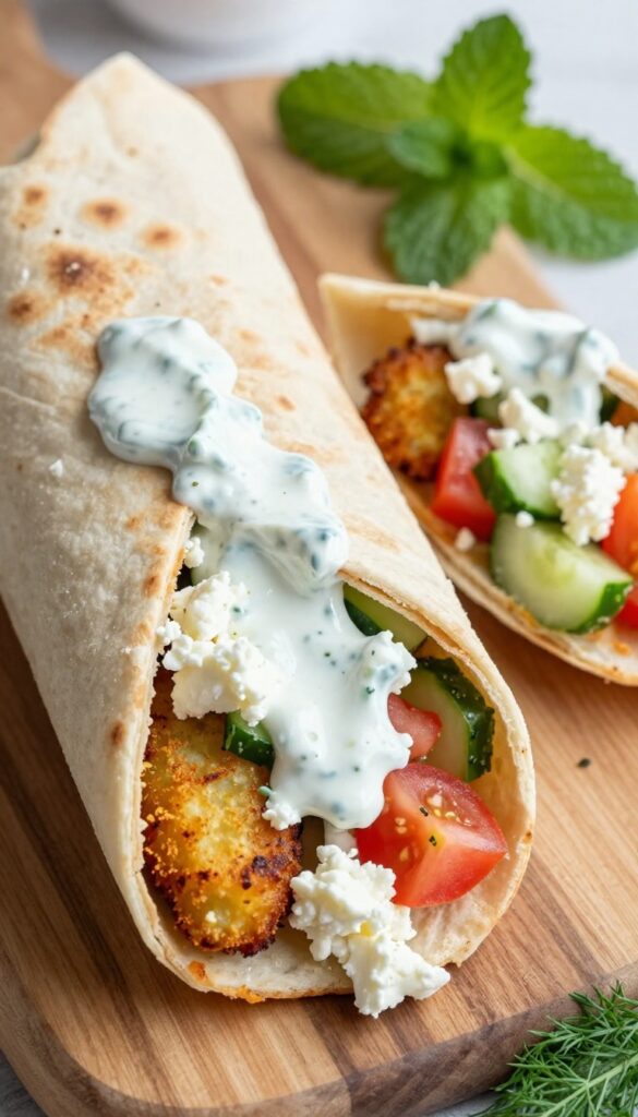 Greek hash brown wrap cut in half showing crispy hash brown, feta, tomatoes, cucumbers, and tzatziki in a pita