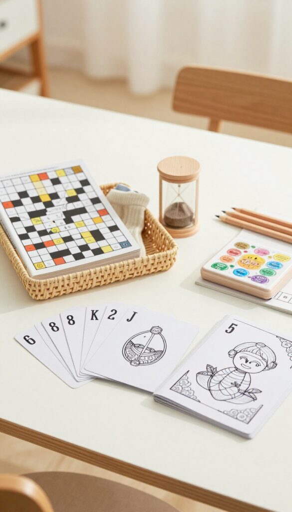 Digital detox basket with puzzle book, cards, coloring book, pencils, board game, sand timer, socks, and tea bag on a wooden table
