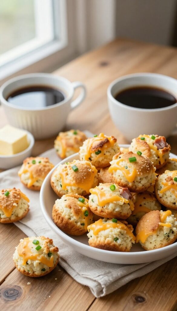 Mini ham and cheese muffin bites in a bowl on a wooden table with coffee and butter, bright natural light.