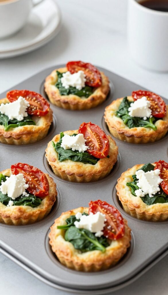 Spinach and feta egg muffins in a muffin tin, golden and fluffy with visible spinach and tomato pieces.