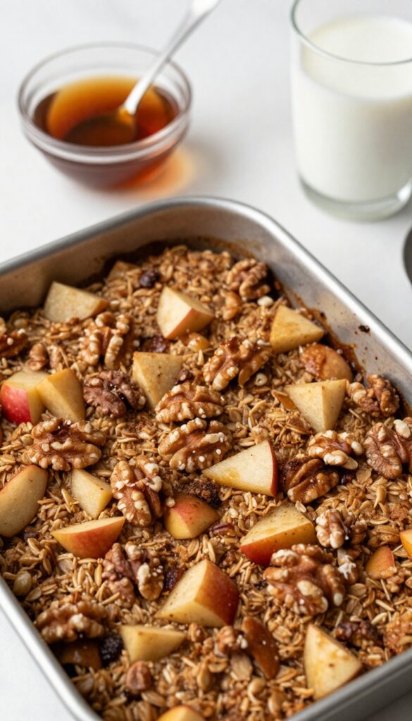 Apple cinnamon baked oatmeal in a baking dish with walnuts and a spoon, served with maple syrup and milk.