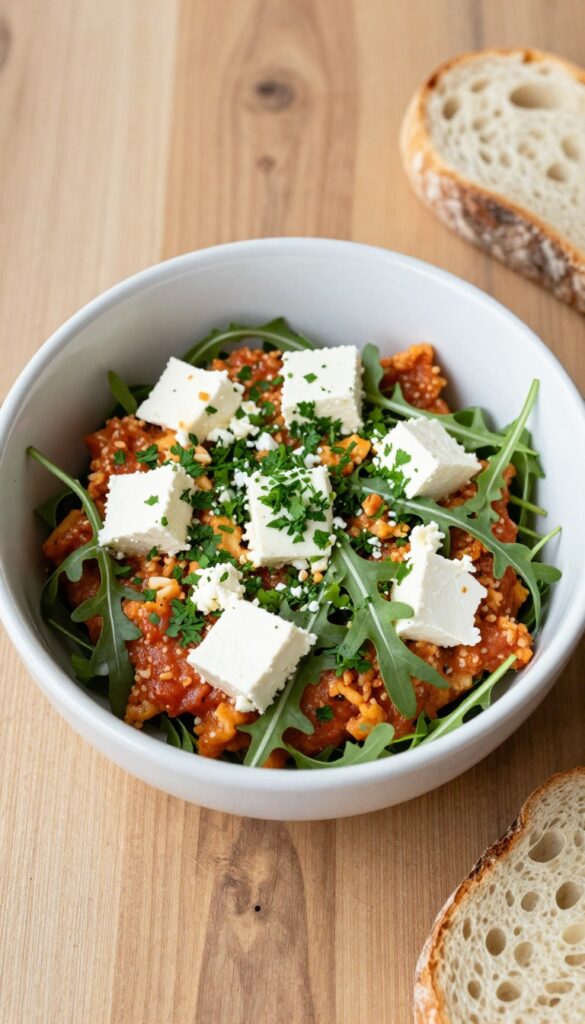 Shakshuka-style breakfast salad bowl with arugula, poached egg, and feta cheese