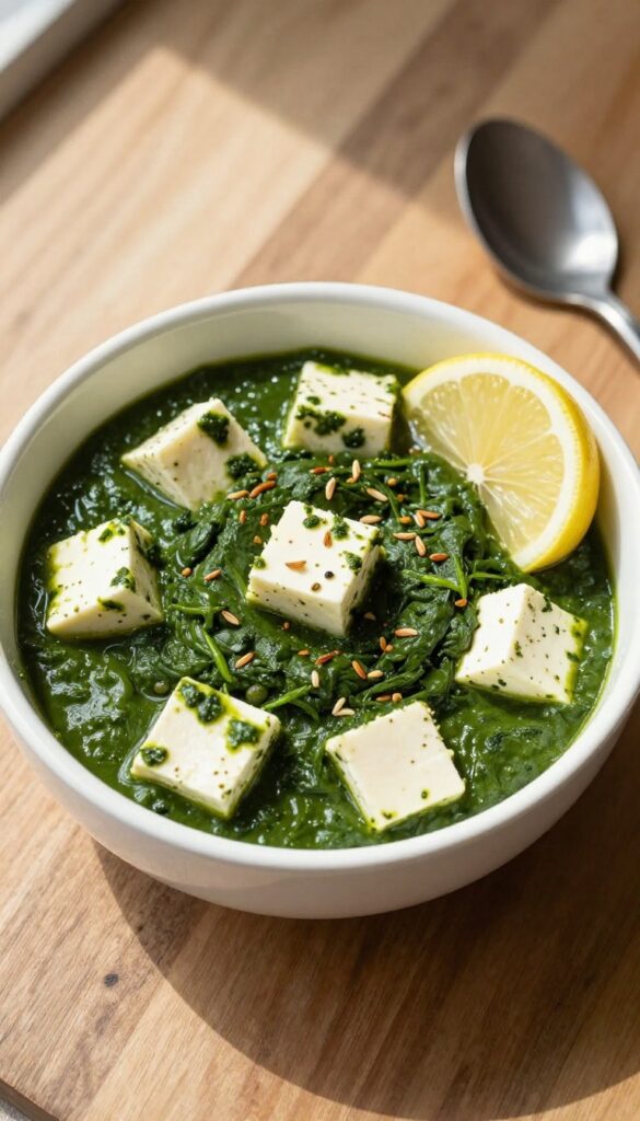 A bowl of palak paneer with paneer cubes in spinach puree, garnished with lemon and cumin seeds on a wooden table.