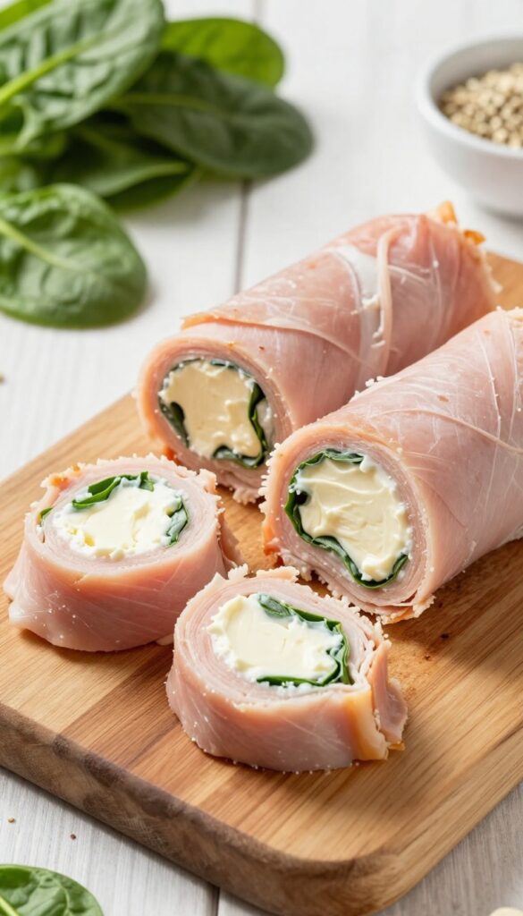 Smoked turkey and cream cheese roll-ups sliced into pinwheels on a cutting board