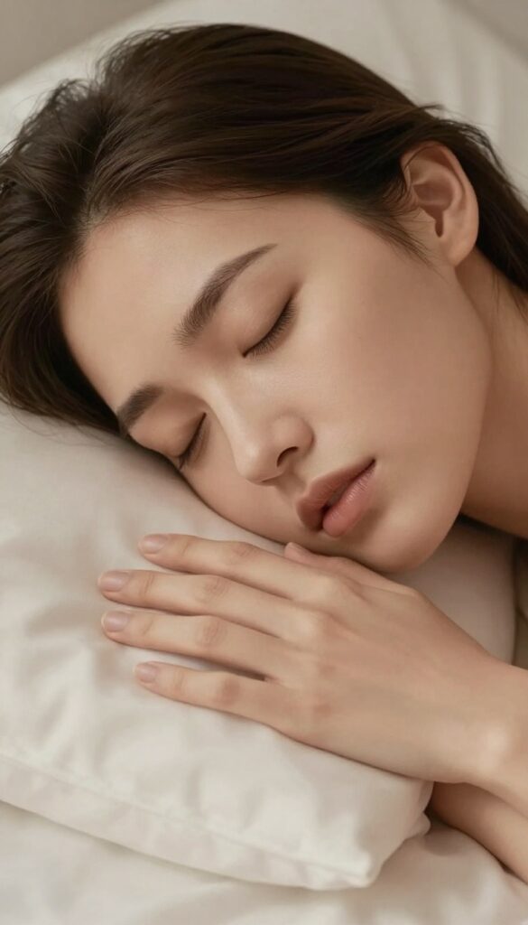Woman practicing 4-7-8 breathing in bed at night