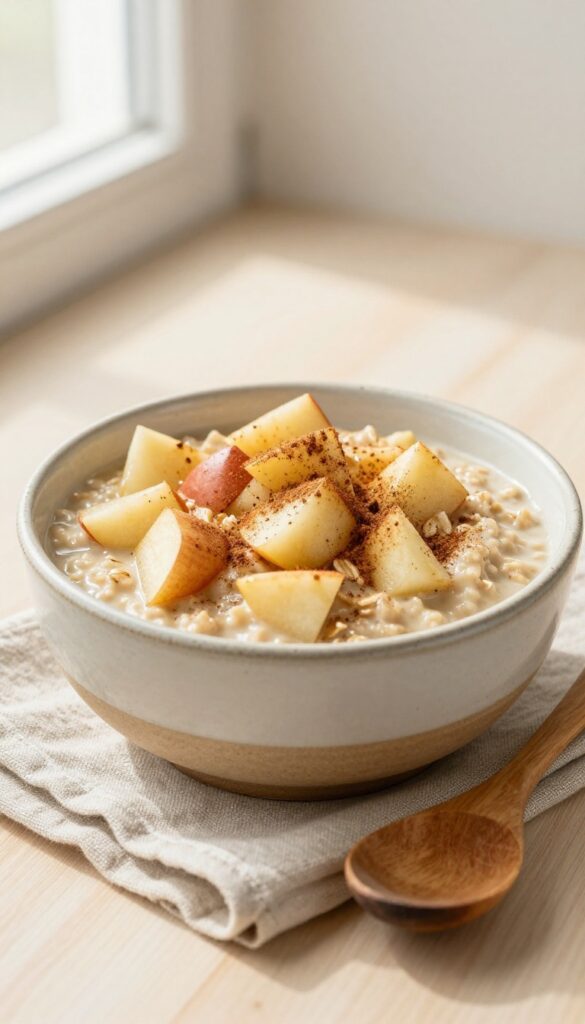 A bowl of apple cinnamon oatmeal on a wooden countertop with a spoon, natural lighting, no text.